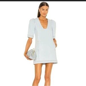 Something Navy Spencer Embellished Denim Mini Dress Sz M Puff Sleeve Scoop Neck